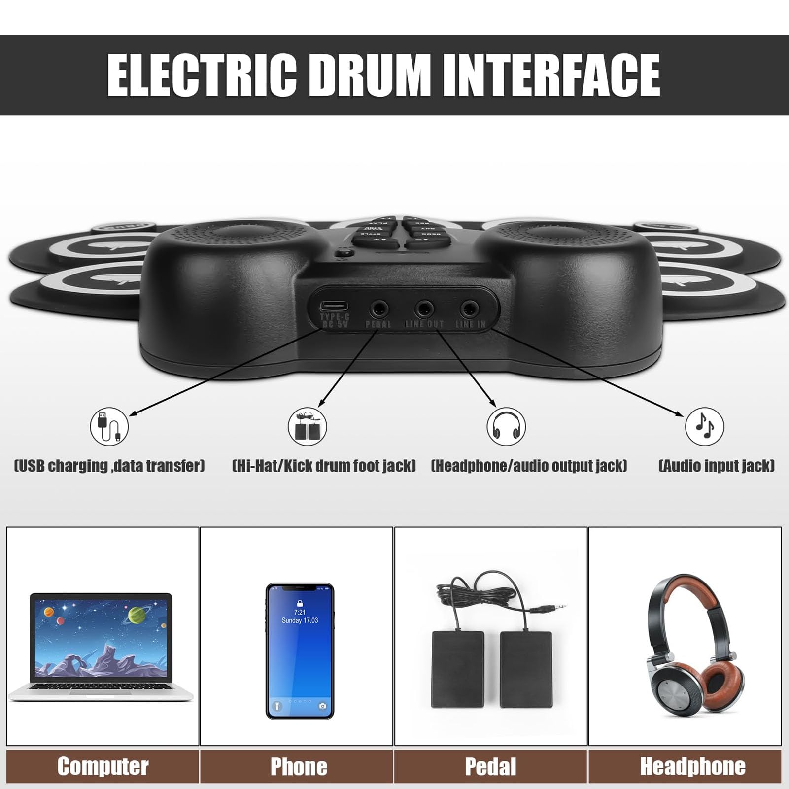 CHICIRIS Batería Electrónica, Batería Enrollable de 9 Pads, Altavoces Mejorados, Conectividad MIDI, Perfecto para Niños, Principiantes, Fiestas Al Aire Libre