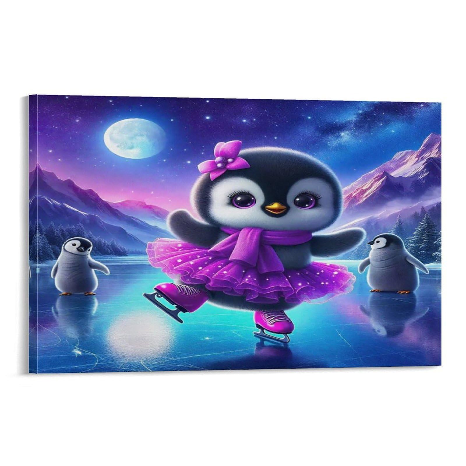 CPLVKWRQJ Cute Penguins Individual Ballerina Penguin Purple Tutu Ice Framed Canvas Art - Living Room Focal Point Fade Resistant Gallery Wall Decor 20x30inch(50x75cm)