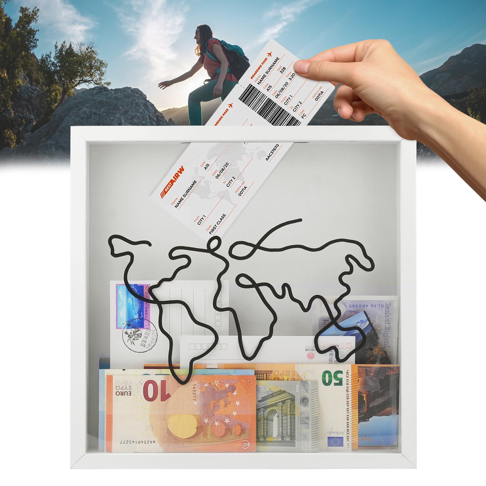 Scatola per archivio di avventure, scatola dei ricordi di viaggio e avventura, scatola bianca da viaggio con slot e design con mappa del mondo (1 pezzo, 28 x 28 cm)