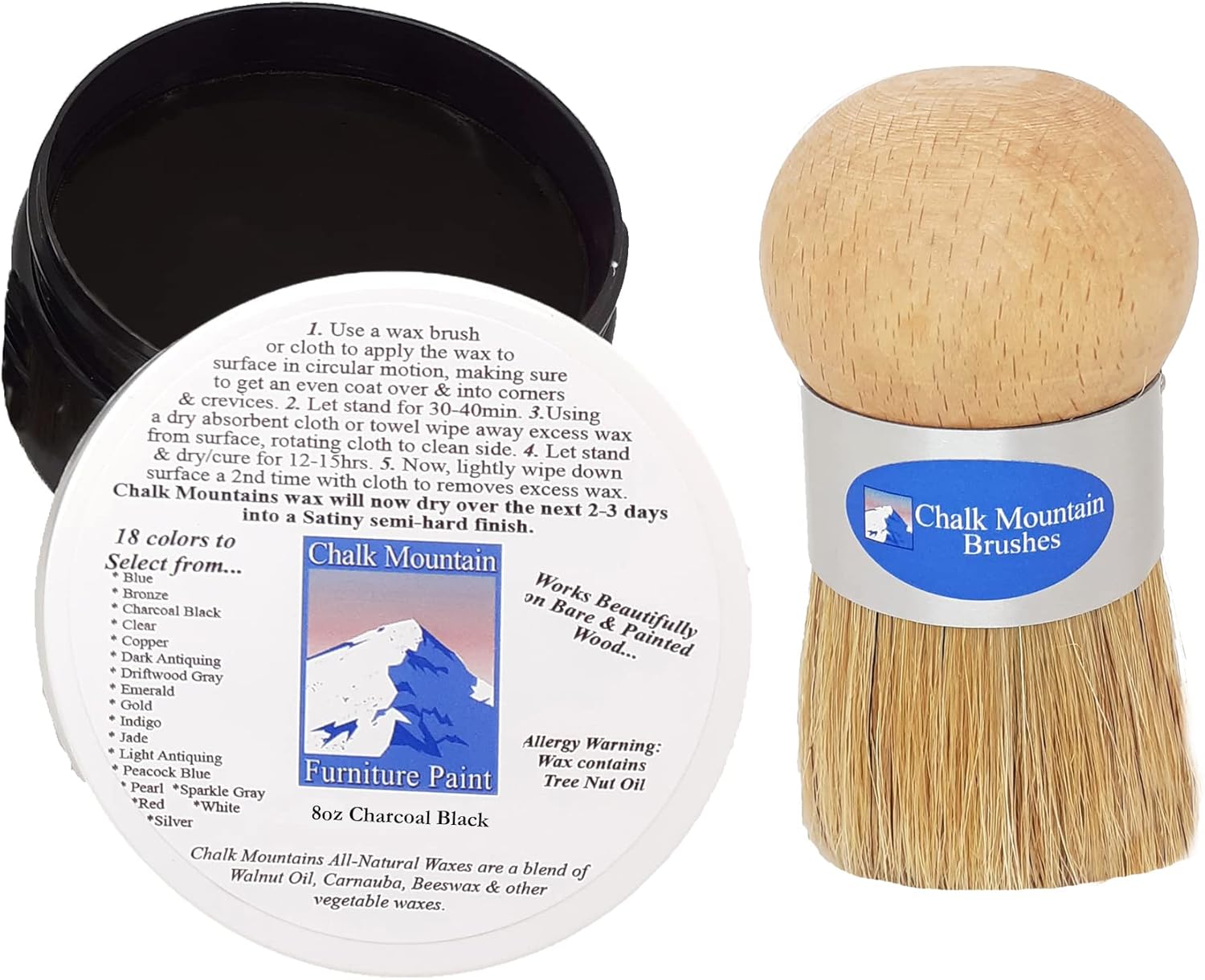 Ergonomic Designed Palm Brush & 8oz All Natural Slow Drying Chalk Furniture Finishing Wax - Charcoal Black - 2 Pack