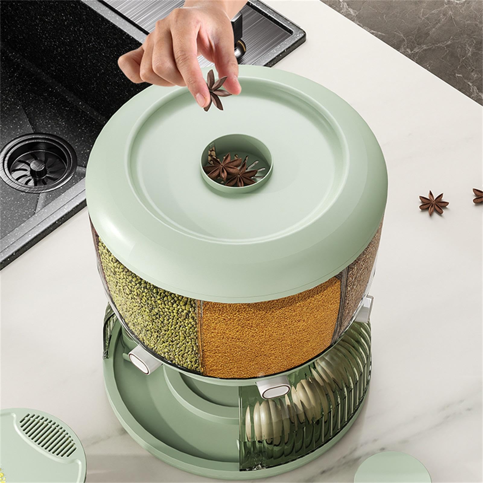 Grano Dispenser Cucina Stoccaggio di contenitori per cereali rotanti a 360 | Dispenser per alimenti secchi a 6 scomparti con per uova per cucina