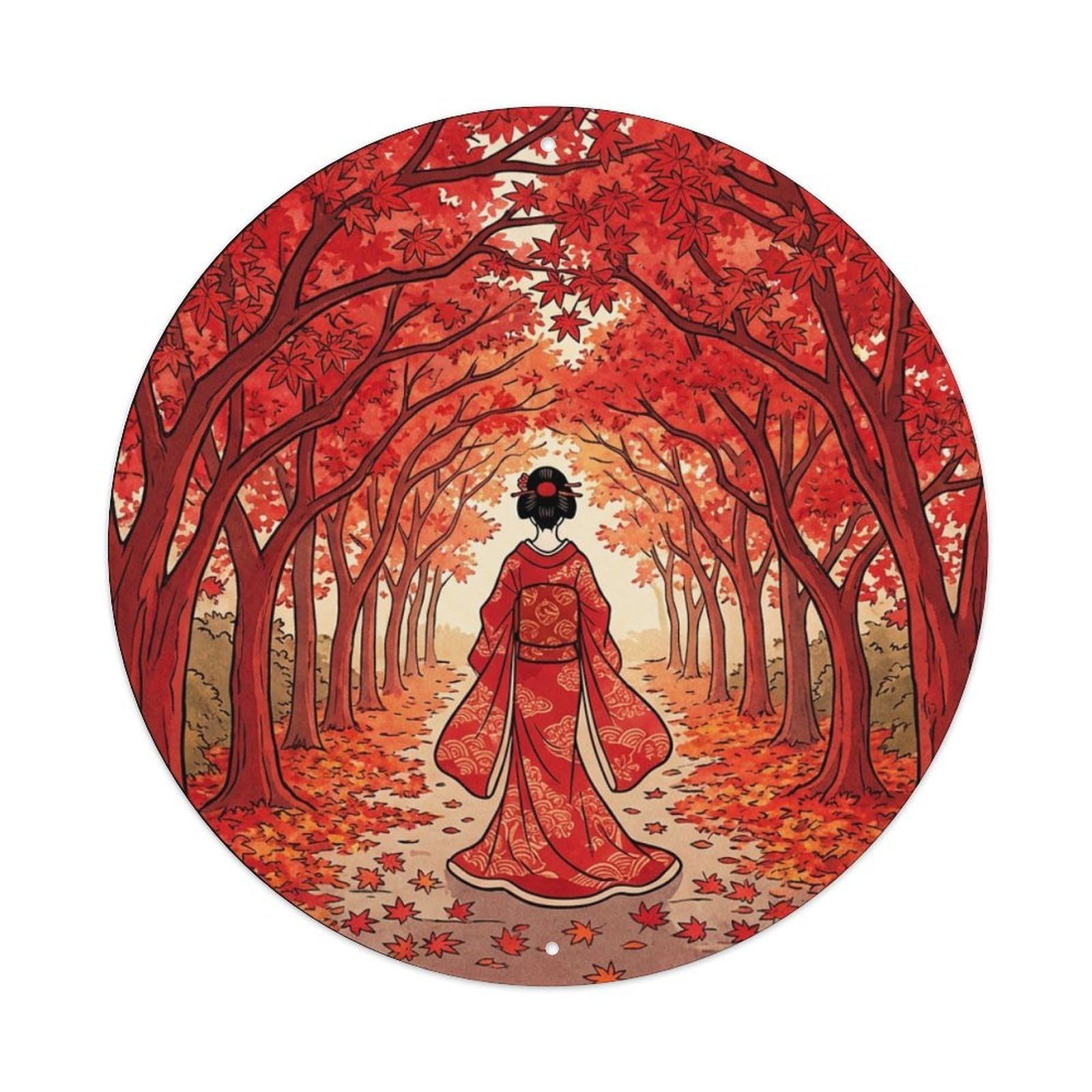 Metal Tin Sign Japanese Geisha Maple Tunnel Red Leaves Pathway Ukiyo-e