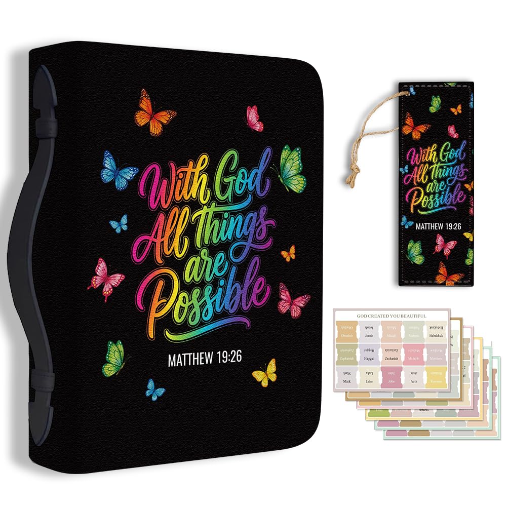 TNKBREEZE Bible Cover Butterfly PU Leather Bible Case with Bookmark Rainbow Verse Bible Note Books Carrying Accessories for Women Men Christian Gift 11.2x8x2.3 In โ image 1