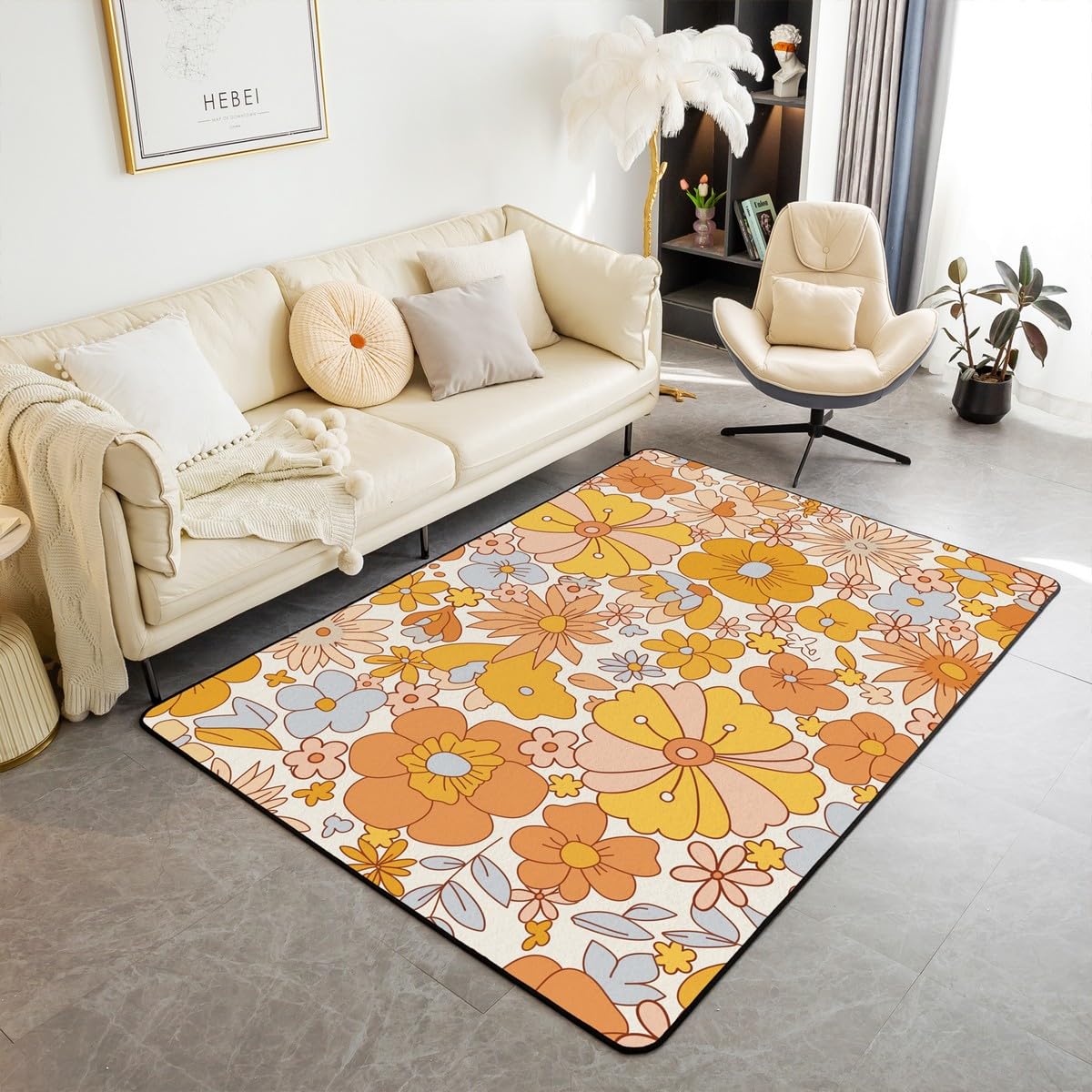 Erosebridal Hippie Flower Area Rug 4'11" x 3'3" for Bedroom,Groovy Birthday Decorations Living Room Rugs,Cute Rainbow Floral Carpet for Girls Women Classroom,Retro 70s Theme Non Slip Area Runner Rug