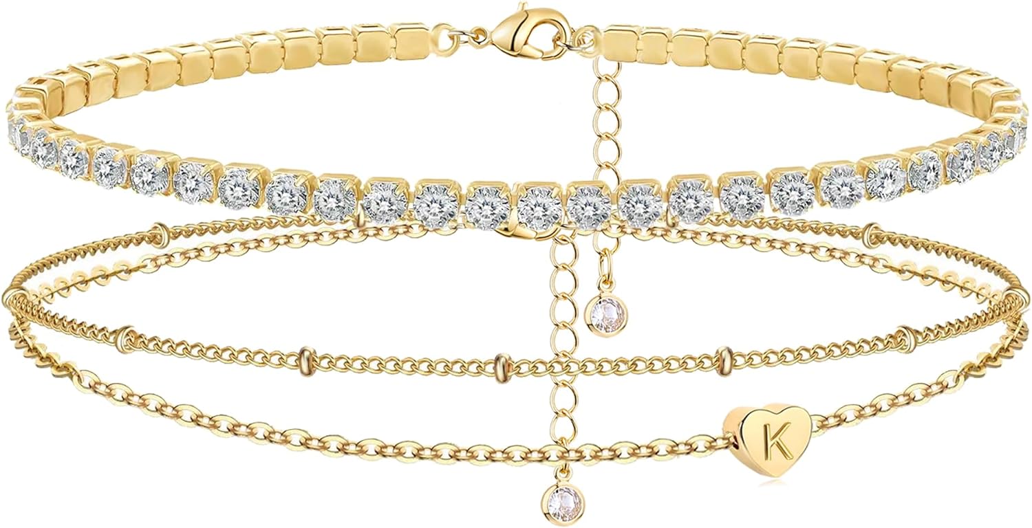 YANODA Gold Initial Bracelets for Women, 14K Gold Plated Bracelet Sets Trendy Gold Bracelet Stack Dainty Heart Letter Initial Bracelets Adjustable Tennis Bracelets Personalized Jewelry for Women