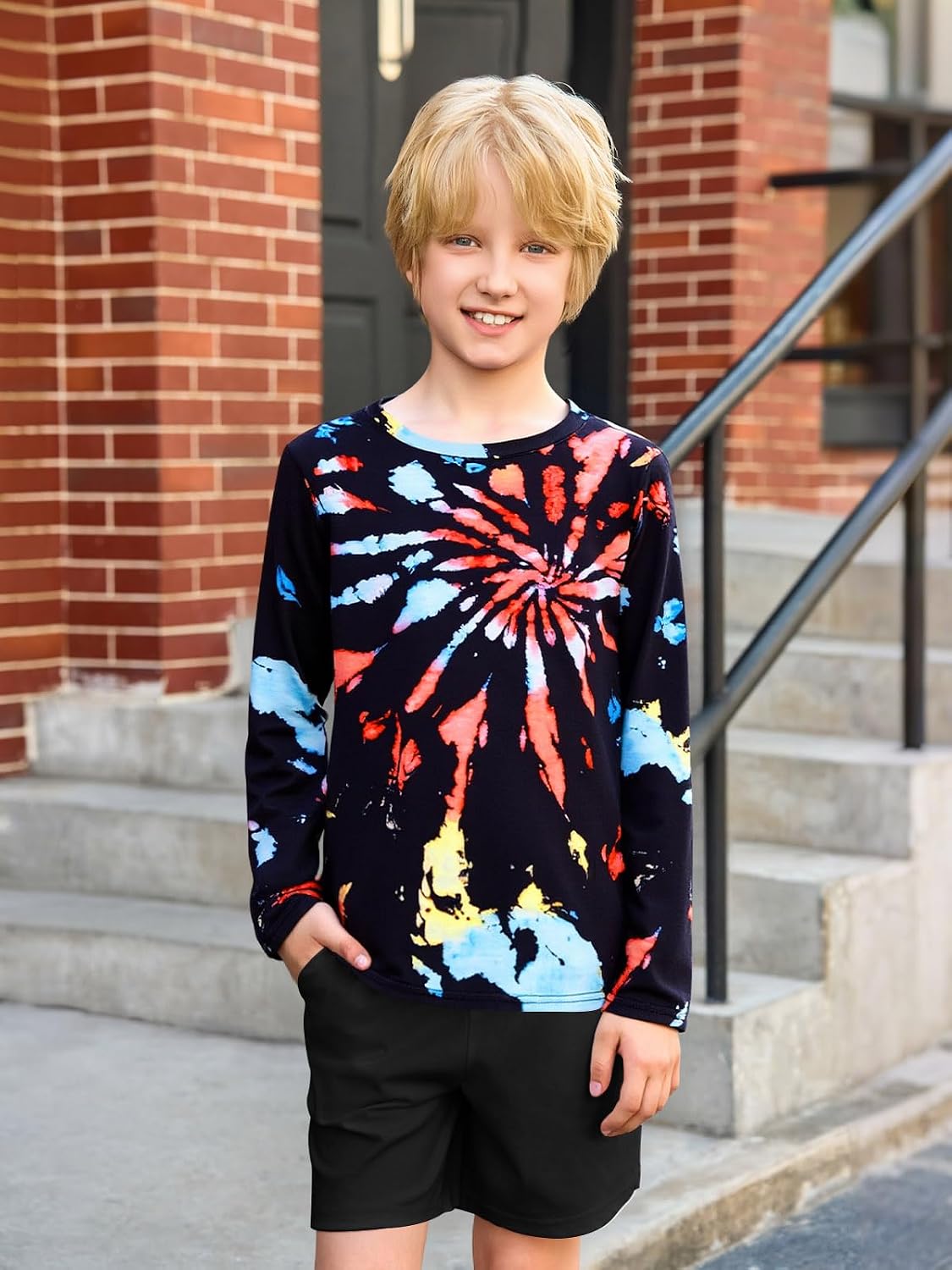 Haloumoning Boys Tie Dye Shirts Kids Long Sleeve Crewneck Shirt Casual Hippies Tees Tops 5-14 Years