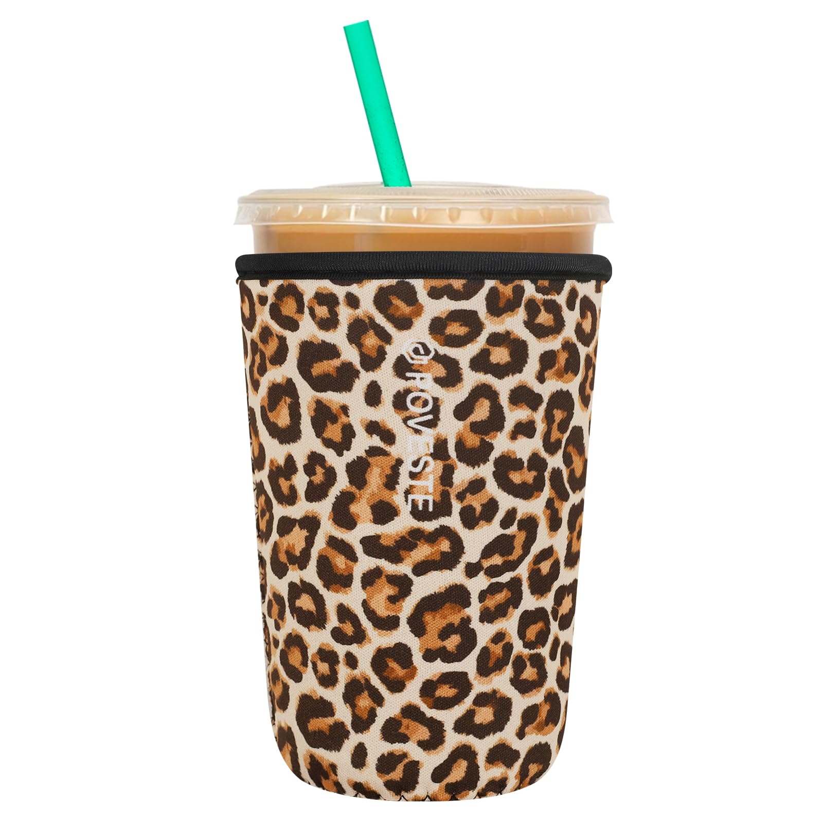 Reusable Neoprene Insulator Sleeve for Iced Coffee &amp; Cold Soda, Coffee Sleeves for Iced &amp; Hot Drinks, Cold Beverage Cooler Compatible with Starbucks, Dunkin (Leopard, Medium: 22-24oz)