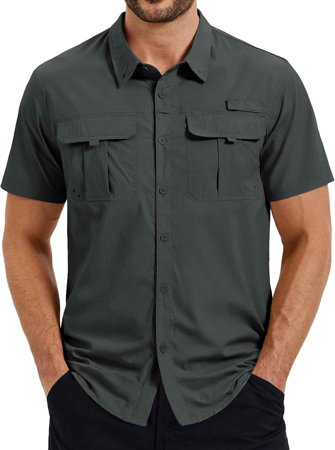 TACVASEN Men's Fishing Shirt with Pockets UPF50 Quick Dry Breathable Short Sleeve Button Down Sun Shirt for Work Tactical