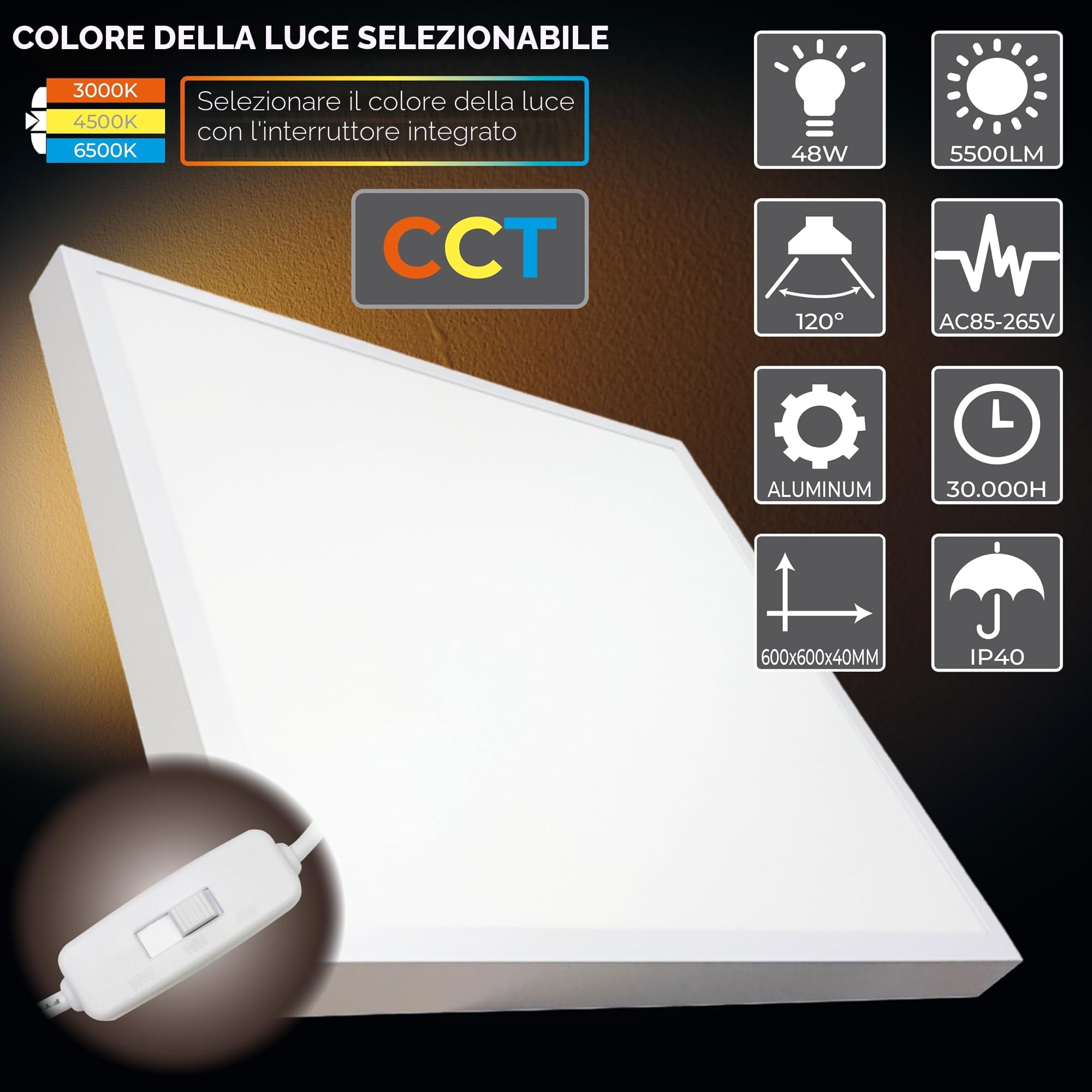 LED ATOMANT 2x Plafoniera LED Soffitto 60x60cm 48W CCT 3000-6500K 5500lm | Con selettore di colore CCT, Driver incluso