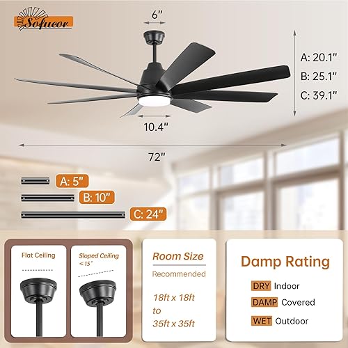 Miniatura 8 de Sofucor Ventiladores de techo de 72 pulgadas con luces y control remoto, ventilador de techo negro para exteriores con luz de 6 velocidades, 3 CCT
