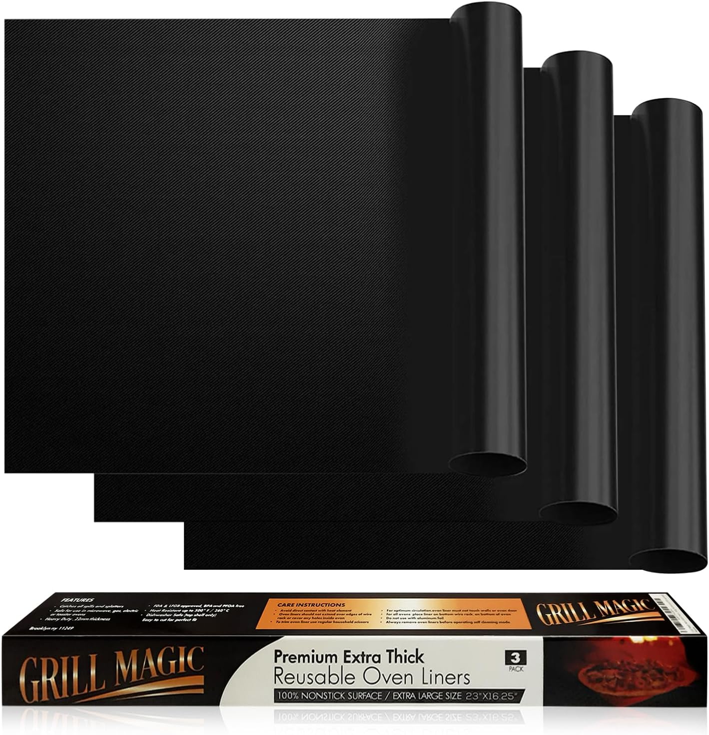 3 Pack Non-Stick Heavy Duty Oven Liners Set for Bottom of Electric Oven by Grill Magic - Thick, Heat Resistant Fiberglass Mat - Easy to Clean, Reduce Spills, Stuck Foods & Clean Up - BPA Free
