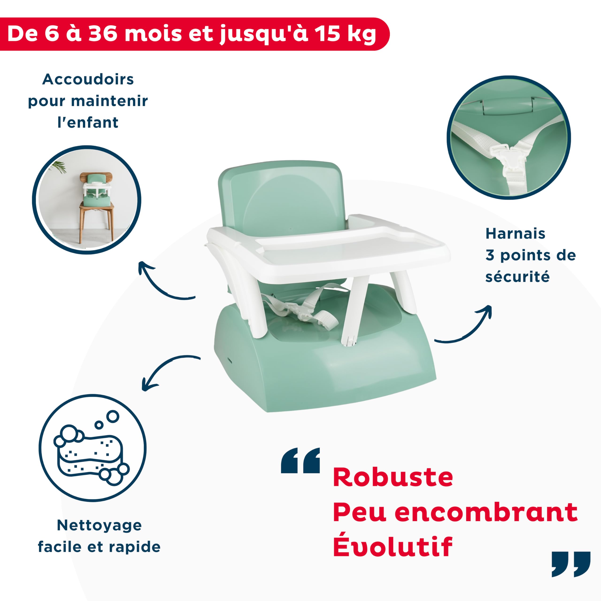 Rehausseur de chaise pour enfant + Boîtes de conservation + Coffret vaisselle micro-ondes + Bavoir semi-rigide
