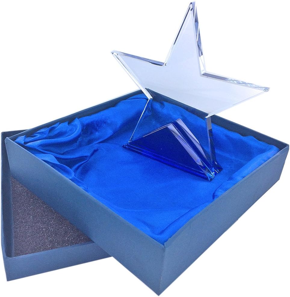 SHOP AWARDS AND GIFTS Optical Cut Crystal Star Trophy on Blue Base, Engravable Customizable Personalized Award for Leadership or Recognition, 5-1/4 Inch