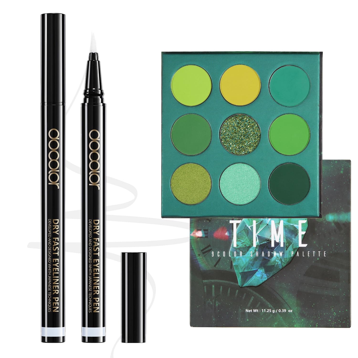 docolor White Eyeliner Waterproof Eye liner Longwearing with Ultra-Fine Tip and Green Eyeshadow Palette 9 Colors Gemstone Shadow Palette Highly Pigmented Mattes Shimmers Colourful Makeup Palette