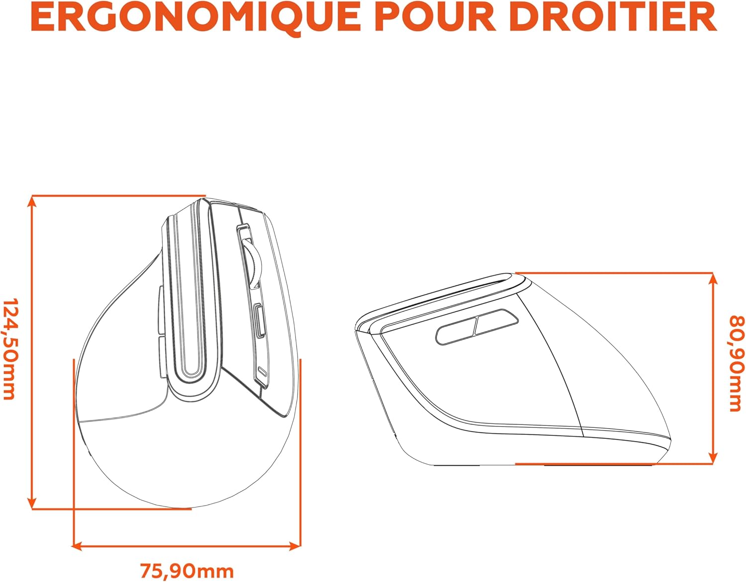 Diagram showing the dimensions of the ergonomic mouse