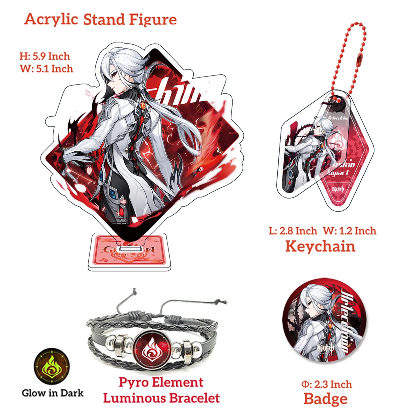 Genshin Impact Box Arlecchino Merch Set - Bambola di peluche, poster, tappetino per mouse, figura di supporto, braccialetto, distintivo, portachiavi, porta carte, 30 carte Lomo, 50 adesivi