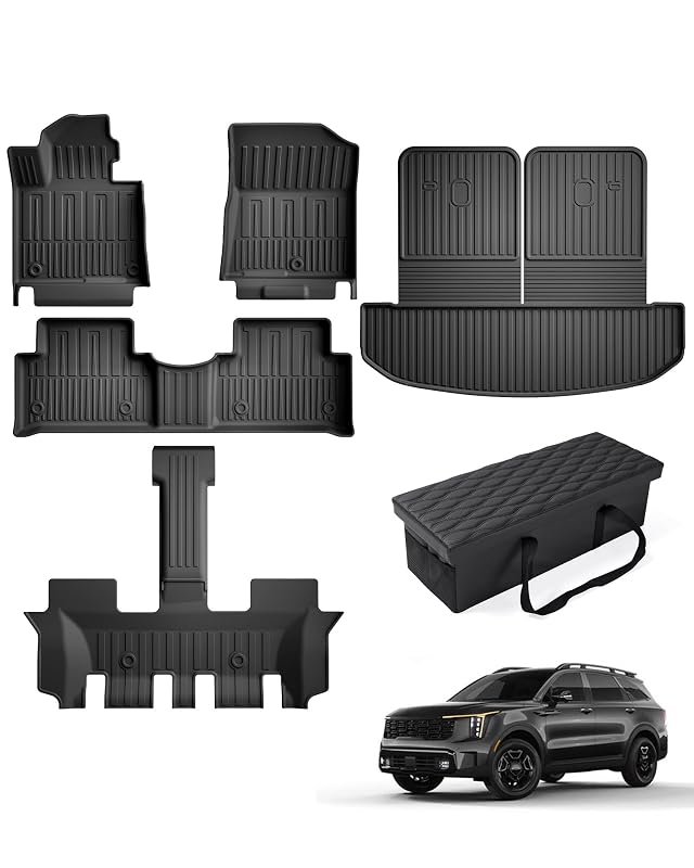 Kit de tapetes e forros para porta-malas Kia Sorento 2021 a 2026, 6 lugares, TPE, com tapetes traseiros, tapete de carga e organizador, preto, não compatível com híbridos