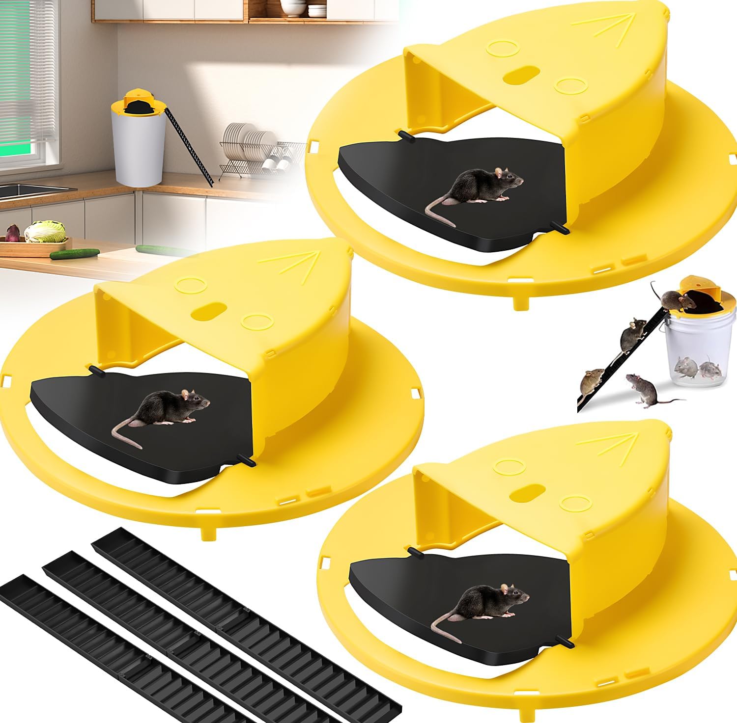 Bucket Mouse Traps Flip Lid, 5 Gallon Mouse Trap Bucket Auto Reset & Reusable Humane Mice Rat Traps for Indoor Outdoor 3 Pack