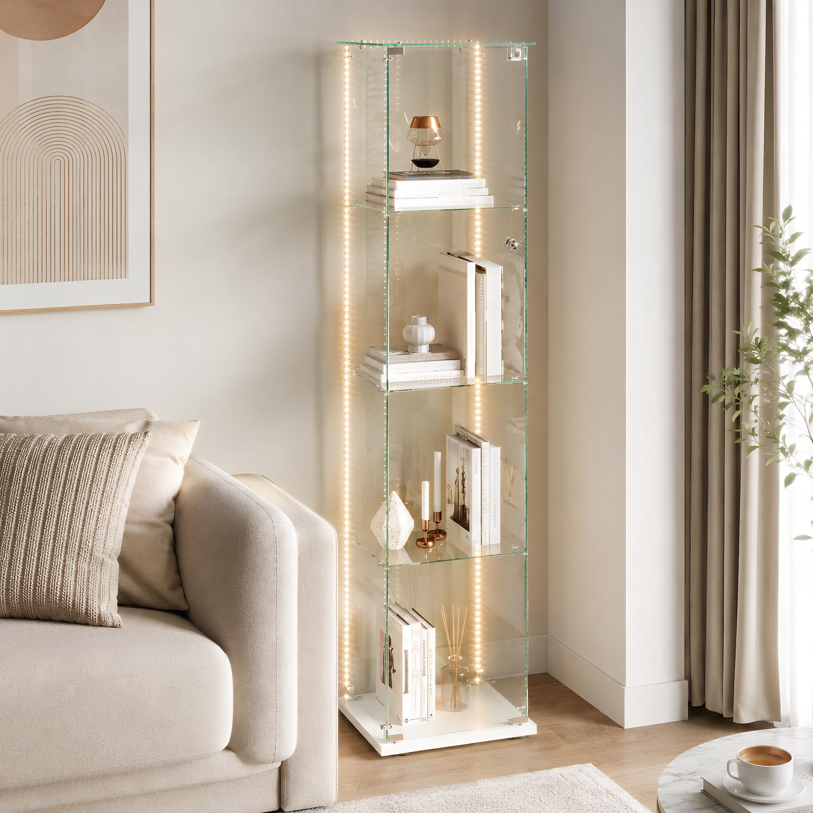 BRILVERDE Vitrina de Vidrio LED, Mueble Expositor con 4 Estantes y Puerta con Cerradura, Vetrinetta para Colecciones, Libros, Maquetas, Botellas, Salón y Oficina (Blanco, 1 Puerta 4 Capas)