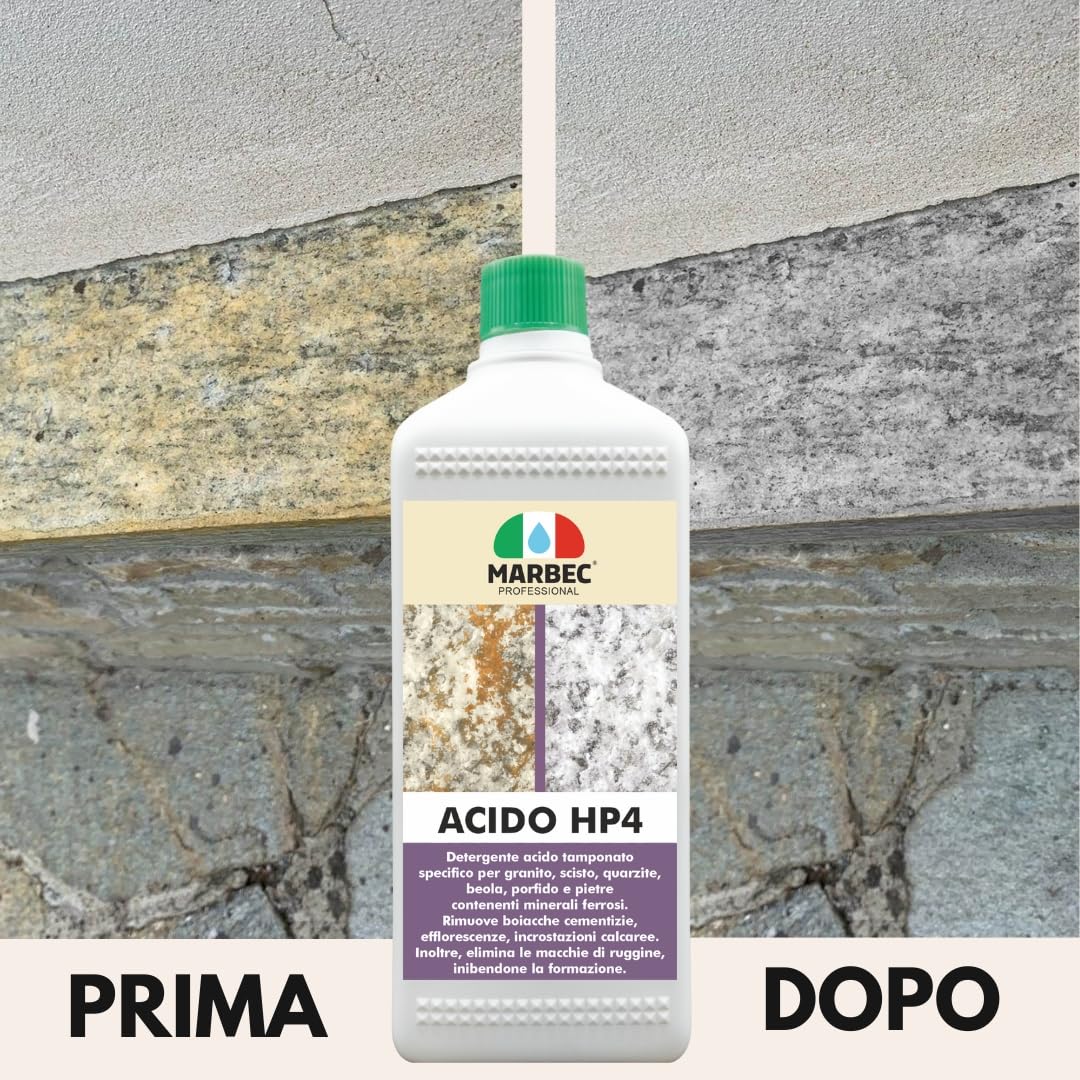 MARBEC ACIDO HP4 5LT Detergente acido tamponato specifico per la pulizia disincrostante di pavimenti in porfido, granito e pietre contenenti materiali ferrosi.
