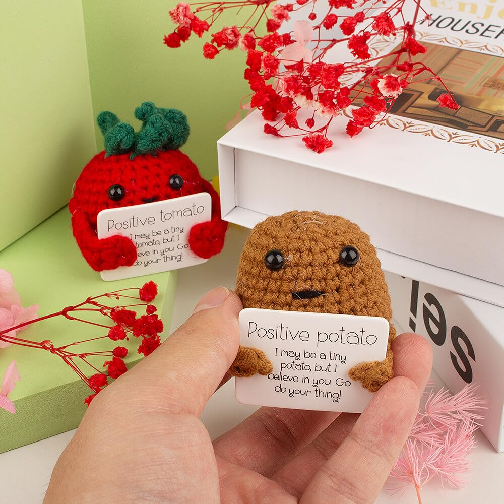 Positive Potato Pocket Hug, 2 unidades Creativas de Lana para Tejer Mini Felpa Tomate Positivo Tomate, Regalos de Animación, Regalos de Motivación, Regalos para Novia, Novio, Mujeres