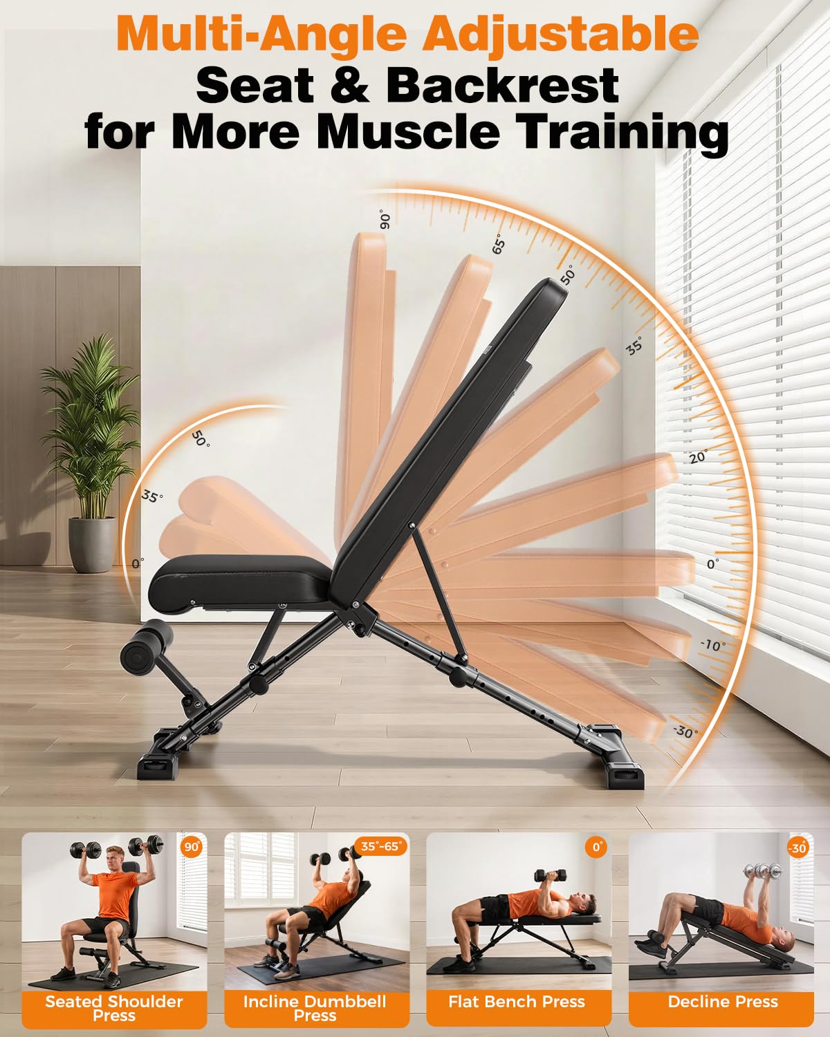Foldable Workout Bench, 90° to -30° FID Weight Bench for Home Gym | Backrest, Seat, Leg Bar Adjustable, MAX 1000 LBS, 8-Pos Backrest, 3-Pos Seat, 4-Level Leg Support, 19.4" Extended Base Stable
