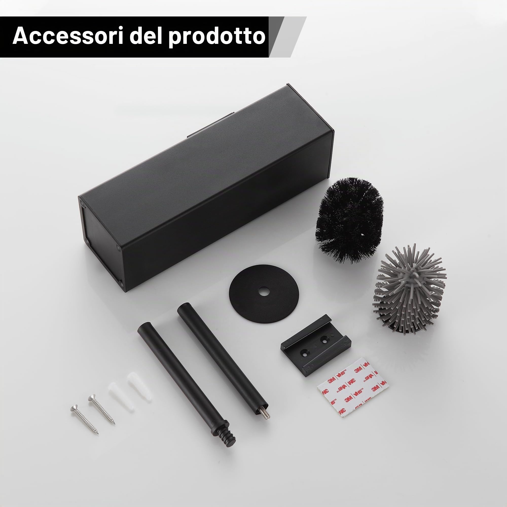 BVL Scopino Bagno WC da Parete Nero, Scopino WC Silicone Adesiva Senza Foratura, Incluse 2 Testine, Spazzolone Bagno WC in Metallo Quadrato