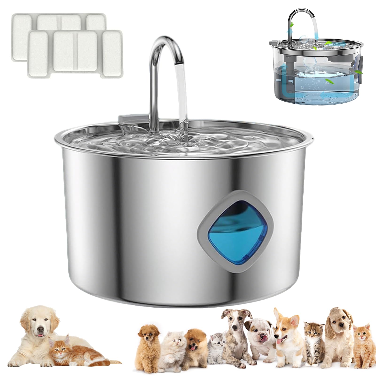 3.2L Pet Water Fountain - Stainless Steel Cat & Dog Water Dispenser with 4-Stage Filter | Ultra Quiet Pump (<25dB) | Encourages Hydration, Auto Sensor, Filtered Pet Water Dispenser