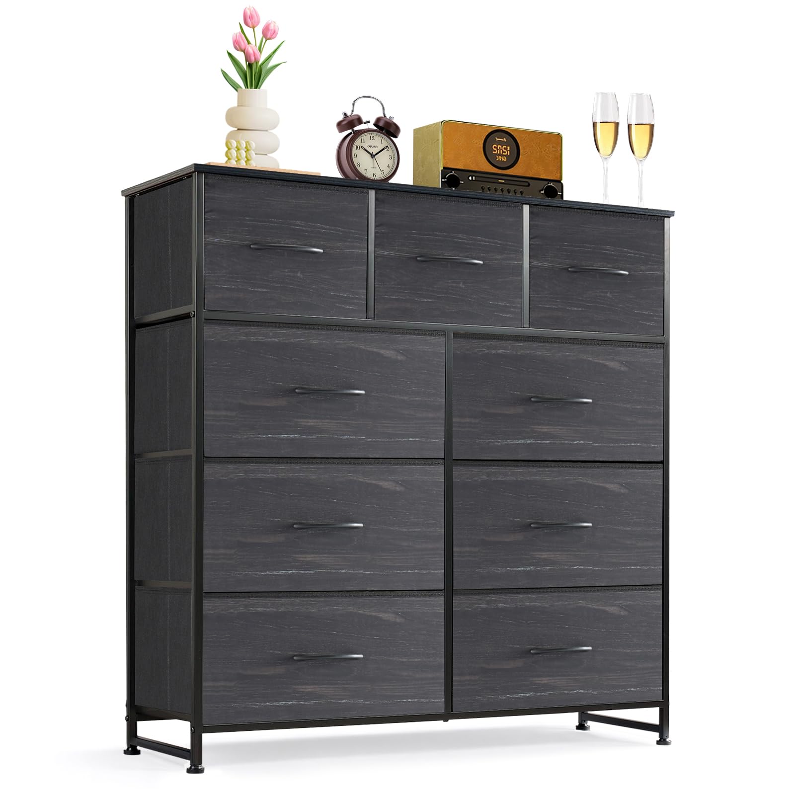 Photo 1 of ***FINAL SALE NO RETURN ***FOR PARTS *** 9-Drawer Dresser for Bedroom, Anti-Tip Tall Storage Organizer Chest of Drawers with Wooden Top and Metal Frame Fabric Bins for Closet, Living Room, Hallway, Entryway, Charcoal Black