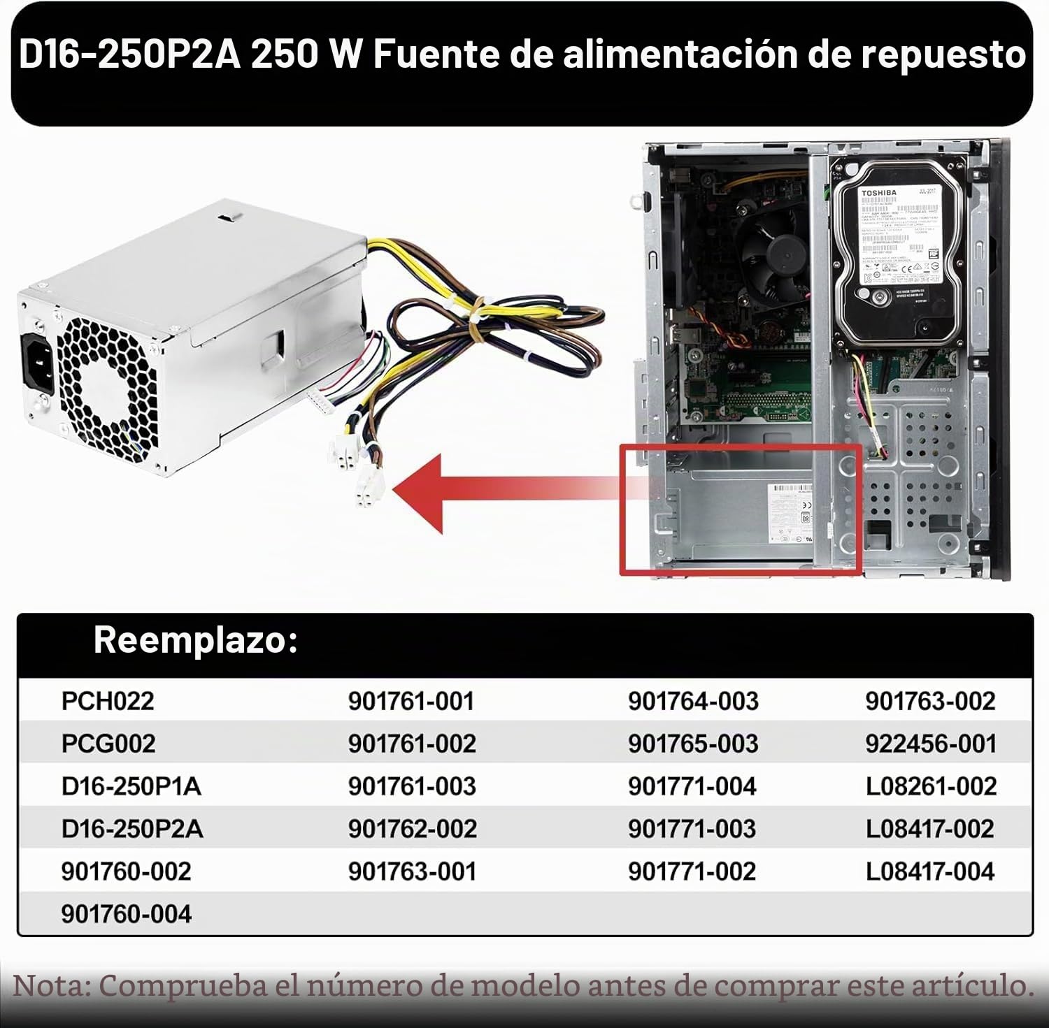 S-Union Fuente de alimentación mejorada D16-250P1A L08417-002 de 250 W de repuesto compatible con HP ProDesk 280 282 600 800 G3 480 400 G4 P/N PCH022 L08417-004 901760-002 PA-225 1-5 D16-250P1A (24