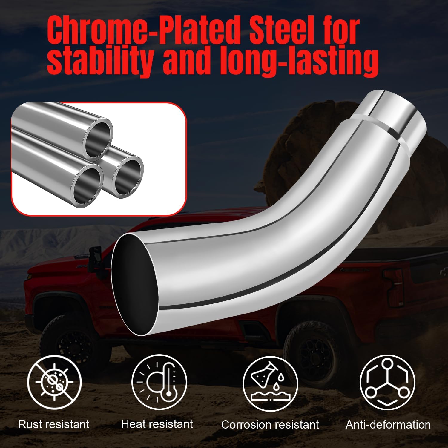 Soundforge 4 Inch ID Diesel Exhaust Elbow Tip, 4'' Inlet × 6'' Outlet × 23'' Long, Heavy-Duty Chromed Steel Turndown Exhaust Pipe, Side Exit Tailpipe for Pickup Trucks & Cars