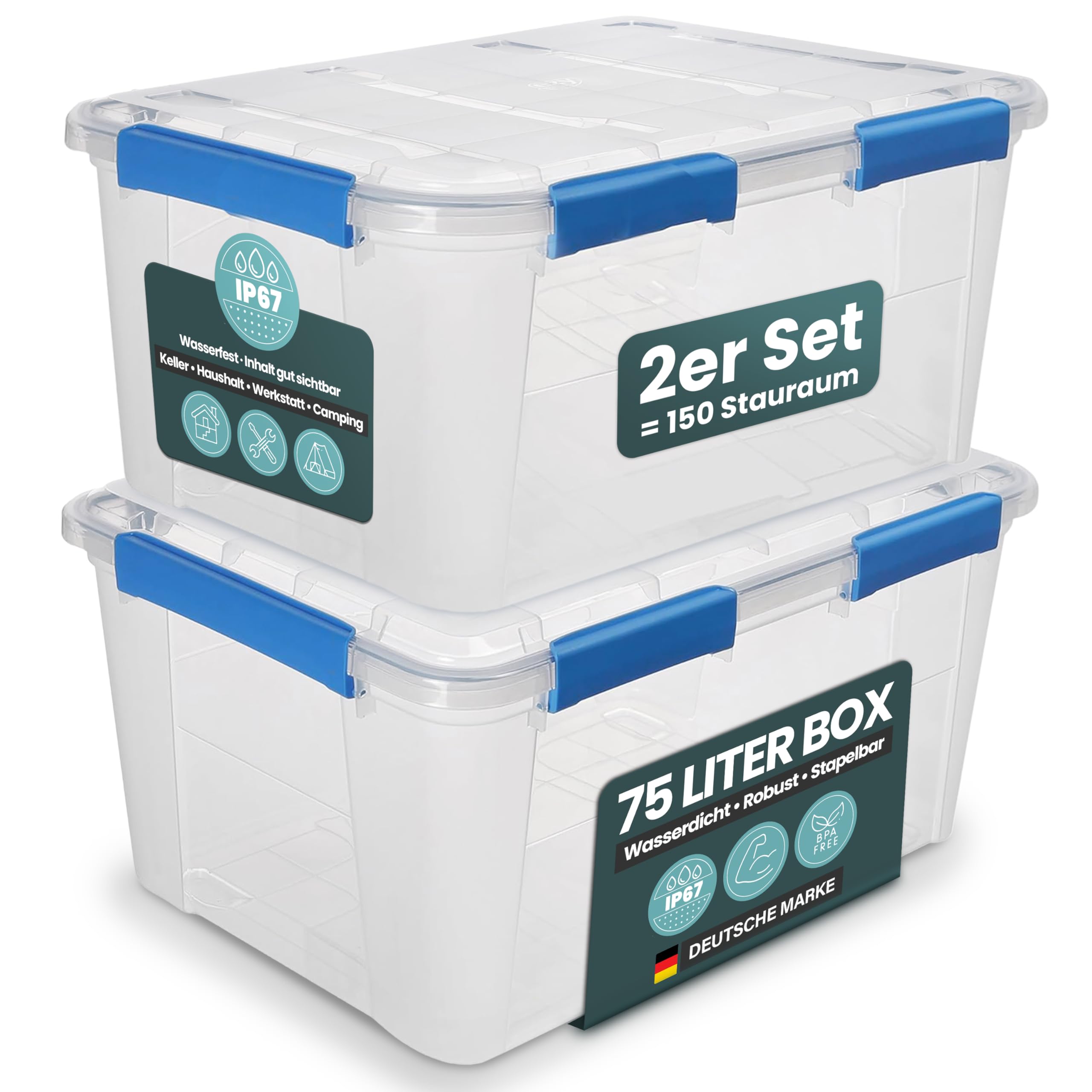 Kreher® Aufbewahrungsbox 75 Liter mit Deckel – wasserdicht & staubdicht, transparent & stapelbar, BPA- & schadstofffrei, robuste Kunststoffbox mit Silikondichtung & 6 Clips (2)