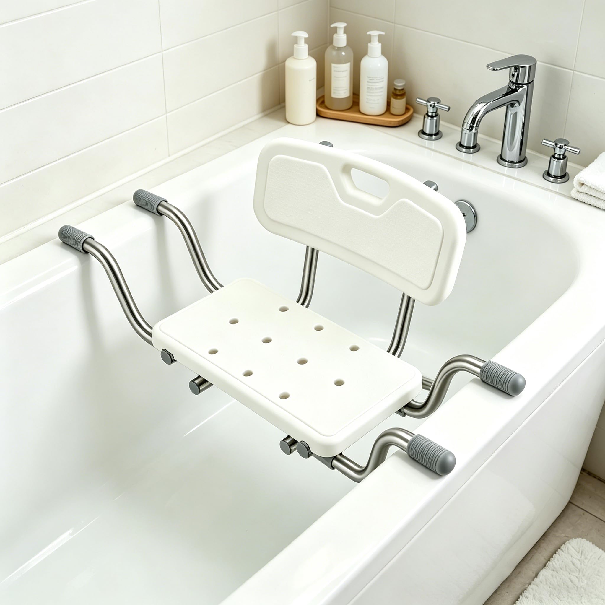 Sedile per Vasca da Bagno per Anziani, Antiscivolo Sgabello da Doccia con Schienale, Larghezza Regolabile 77-87cm, Portata 150 kg, con Cuscinetti e Maniglie in Silicone Antiscivolo, Bianco