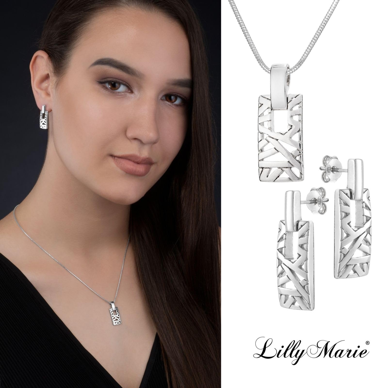 LillyMarie Schmuckset Aus Sterling Silber Mit Rechteckigem Anhänger Und Ohrstecker Für Frauen