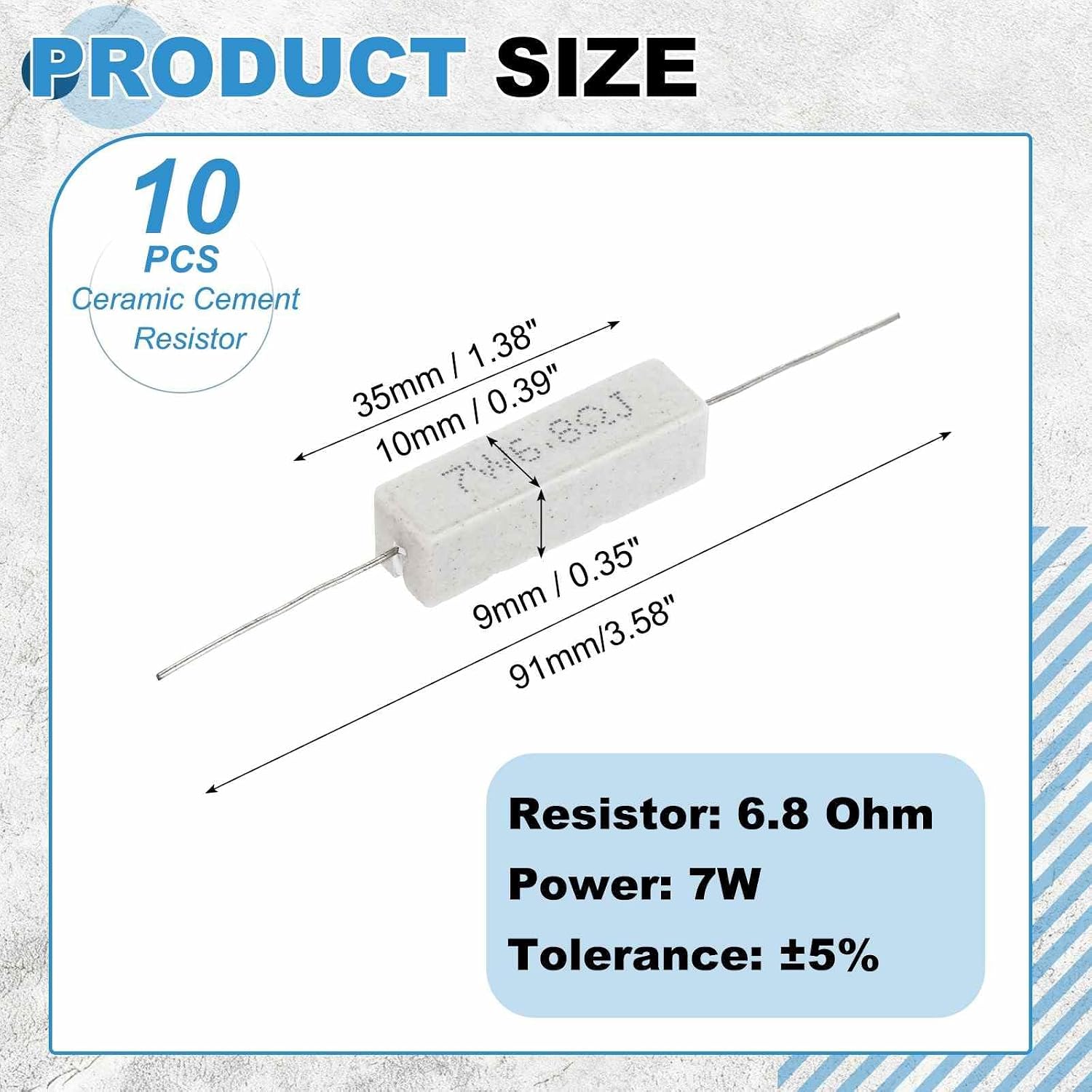 MECCANIXITY 6.8 Ohm Ceramic Cement Resistor, 7W Power Wirewound Horizontal Cement Resistor Kit Tolerance 5% for Audio Equipment Power Adapters Frequency Divider Circuit Board(Pack of 10)