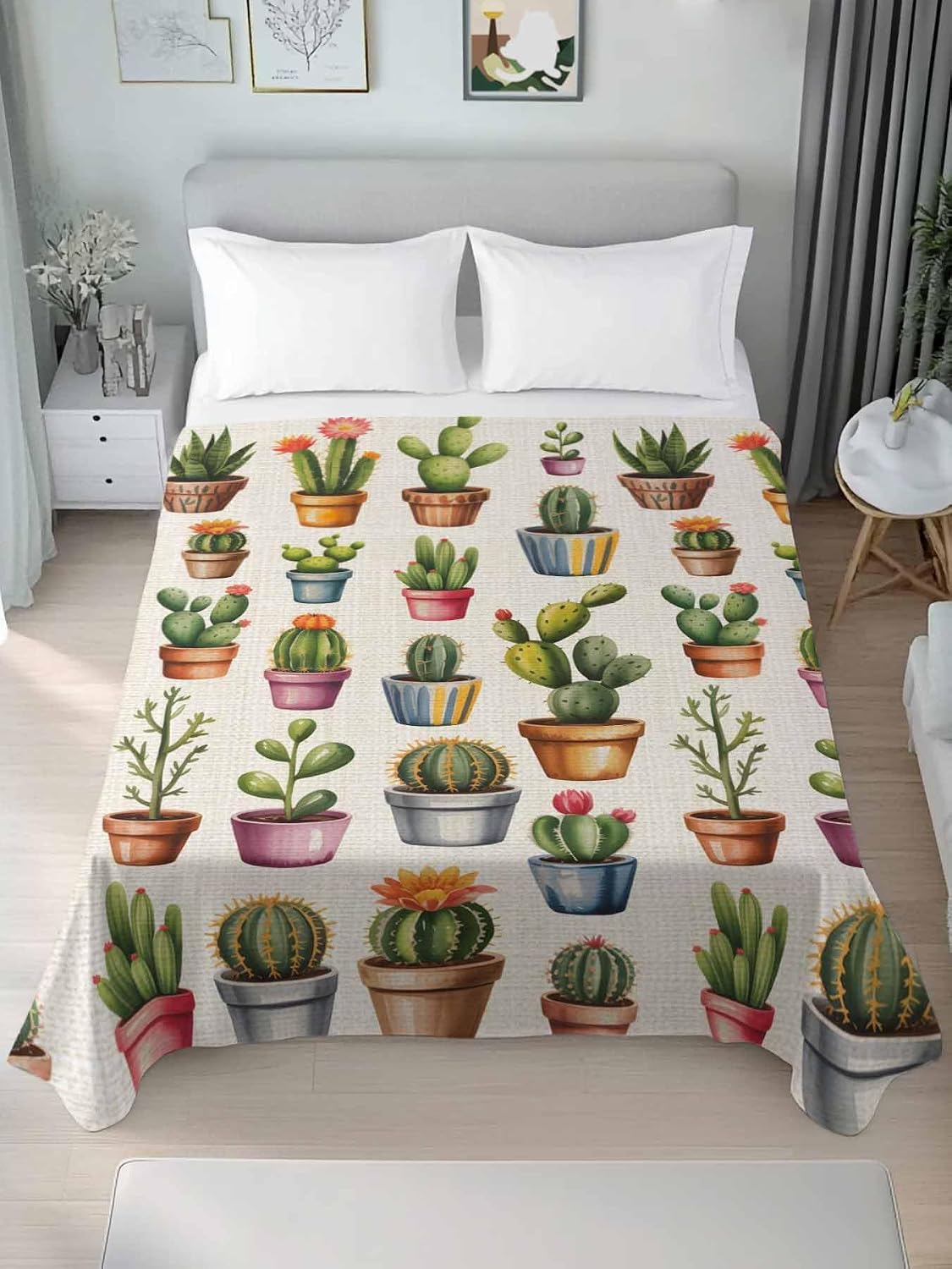Top Sheet Full Bedding Flat Sheet Only, Cactus Summer Tropical Plant Microfiber Bed Sheets Soft Breathable Bedding Flat Sheets, Vintage Potted Greenery Hotel Luxury Top Sheets