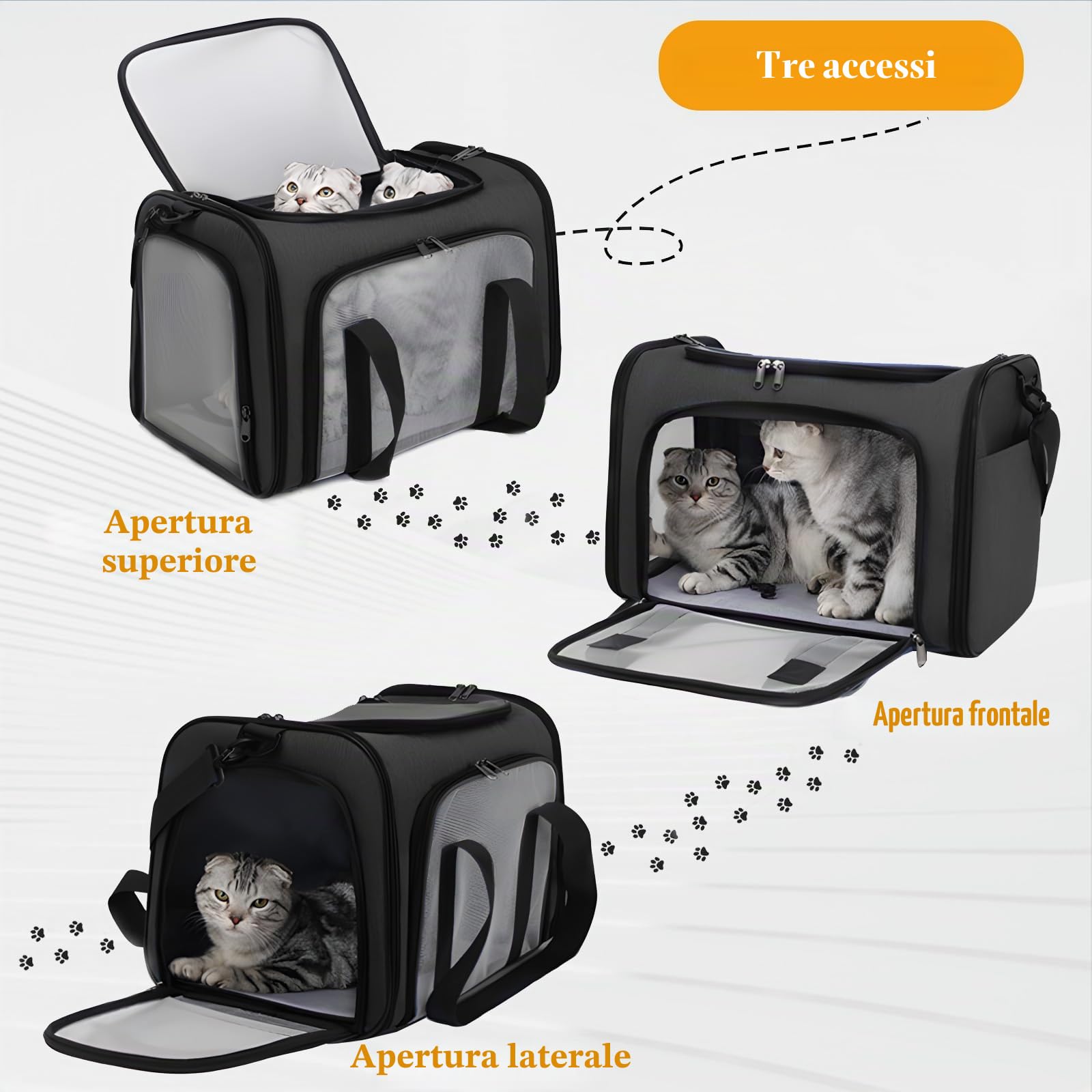 SI SEN Trasportino gatti, 45 x 30 x 30 cm, trasportino gatti con griglia a tre lati, pieghevole, adatto per gatti e cani sotto i 6 kg, M - grigio