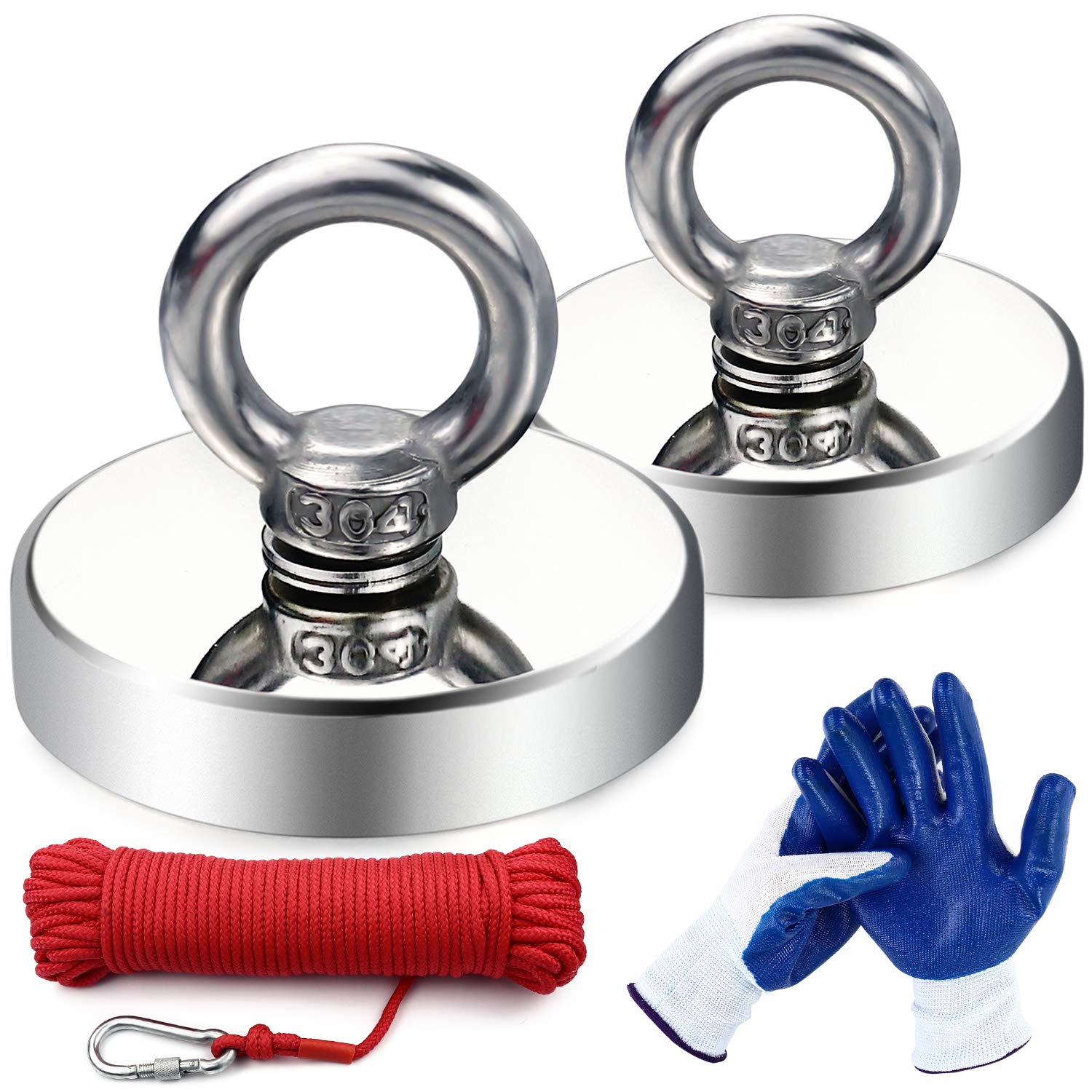Strong Neodymium Fishing Magnets, 2Pack 500 lbs(227KG) Pulling Force Rare Earth Magnet with 20m (65 Foot) Durable Rope and Protective Gloves,for Retrieving in River and Magnetic Fishing