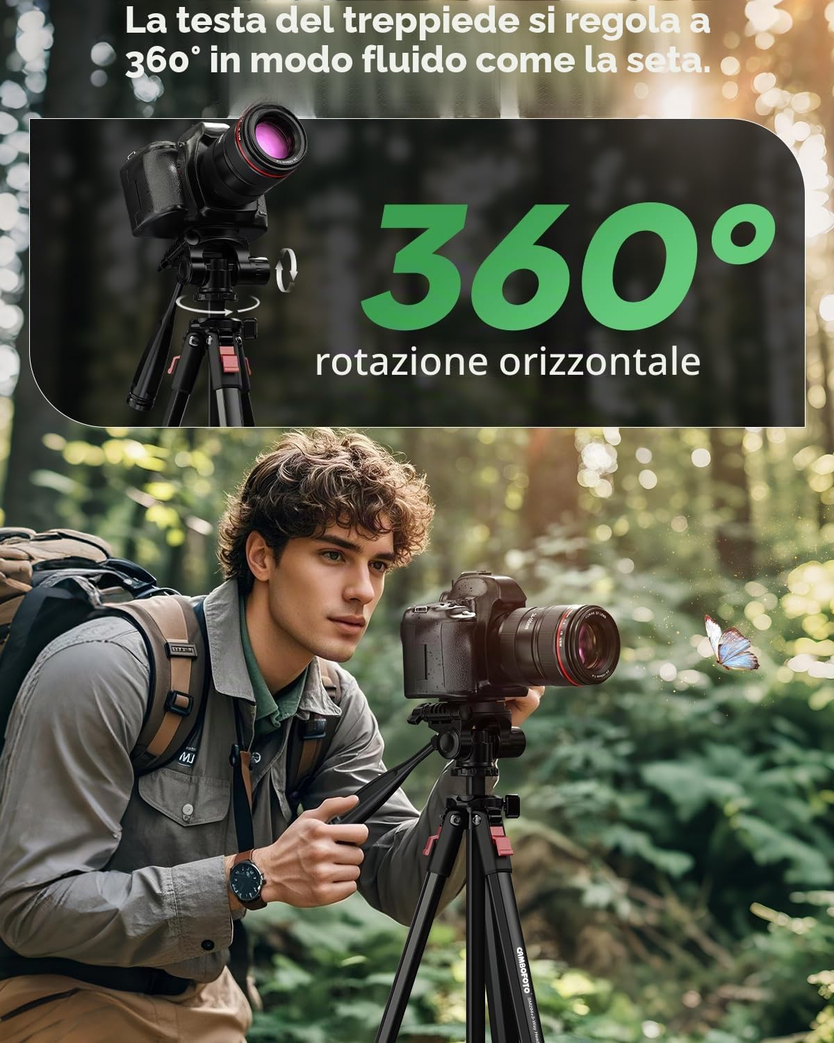 Treppiede da viaggio leggero per fotocamera da 173 cm, compatto e portatile, in alluminio, compatibile con telefono Canon/Nikon (supporta 4 kg, pesa 1,12 kg), nero