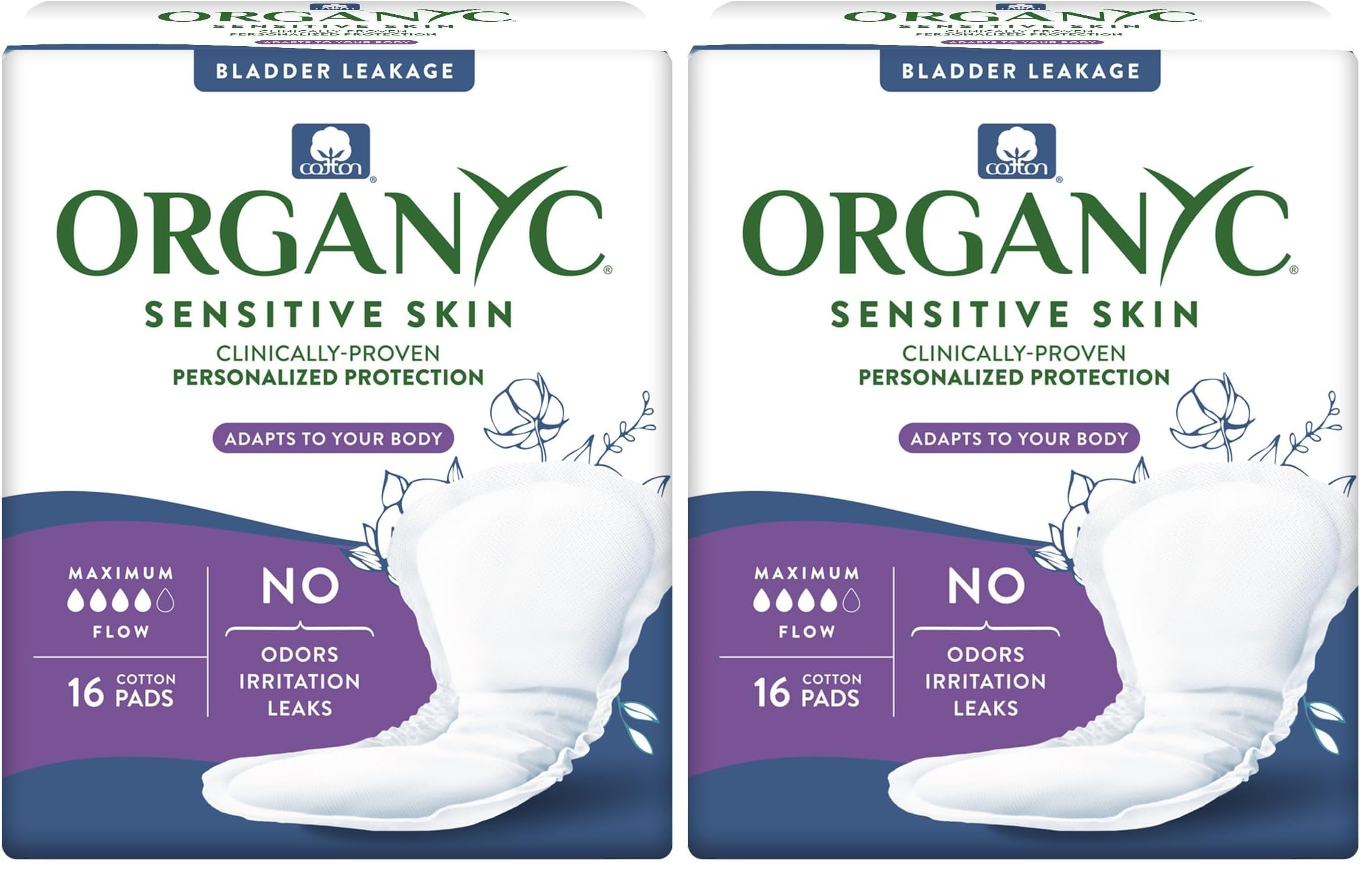 Organyc 100% Organic Cotton Incontinence Pads for Bladder Leaks, FSA/HSA Eligible, Maximum Flow, 16 Count (Pack of 2)