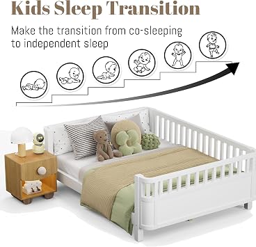 Full Size Kids Bed with Rails, Wooden Low Montessori Bed Frame with Slats Support, Modern Daybed with Detachable Side Rails for Boys Girls Bedroom Living Room, White
