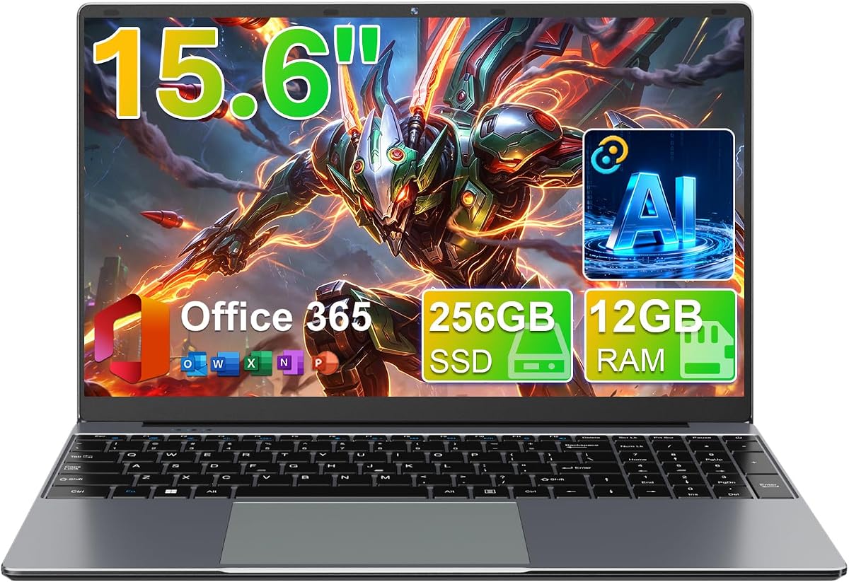 15.6" FHD IPS Student Laptop, AI Assistant Included, Office 365 | 12GB RAM 256GB SSD, J4105 Quad-Core Processor, 180° Lay-Flat, WiFi 5, Bluetooth, USB 3.2, 53.2Wh Battery, Thin & Lightweight