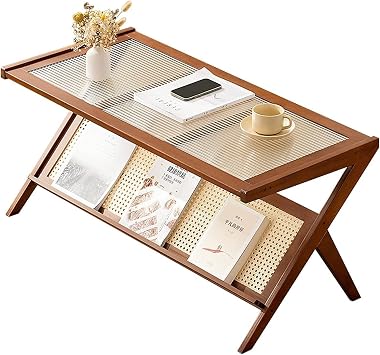 Rattan Coffee Table, Glass Nightstand Side Table, Z-Shaped Legs Mid-Century Modern for Living Room,Living Room, Dining Room, TeaBrown
