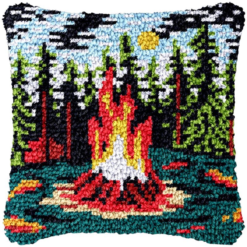 Image of Bonfire Camping Beginner Latch Hook Kits Pillow Making Sofa Cushion Cover Latch Hook Carpet Rug Acrylic Yarn,Pillowcase Craft Kits with Printed Canvas for Home Decor 17 x 17 Inch