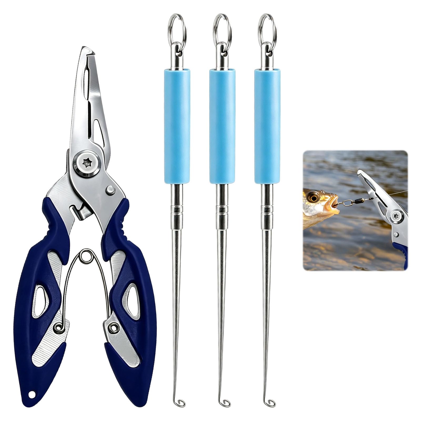 Fishing Disgorger, 4PCS Blue Fish Hook Remover Tool Kit with Fishing Pliers and Blind Poke Disgorgers, Portable Fishing Accessories for Deep Hook Removal in Freshwater and Saltwater Environments