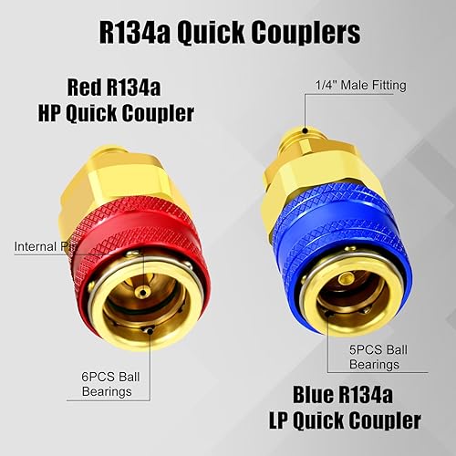 Miniatura 5 de Juego de manómetros de diagnóstico de colector de CA de 3 vías para R134a R404a, con mangueras de carga de 3 pies Adaptador de acoplador rápido y