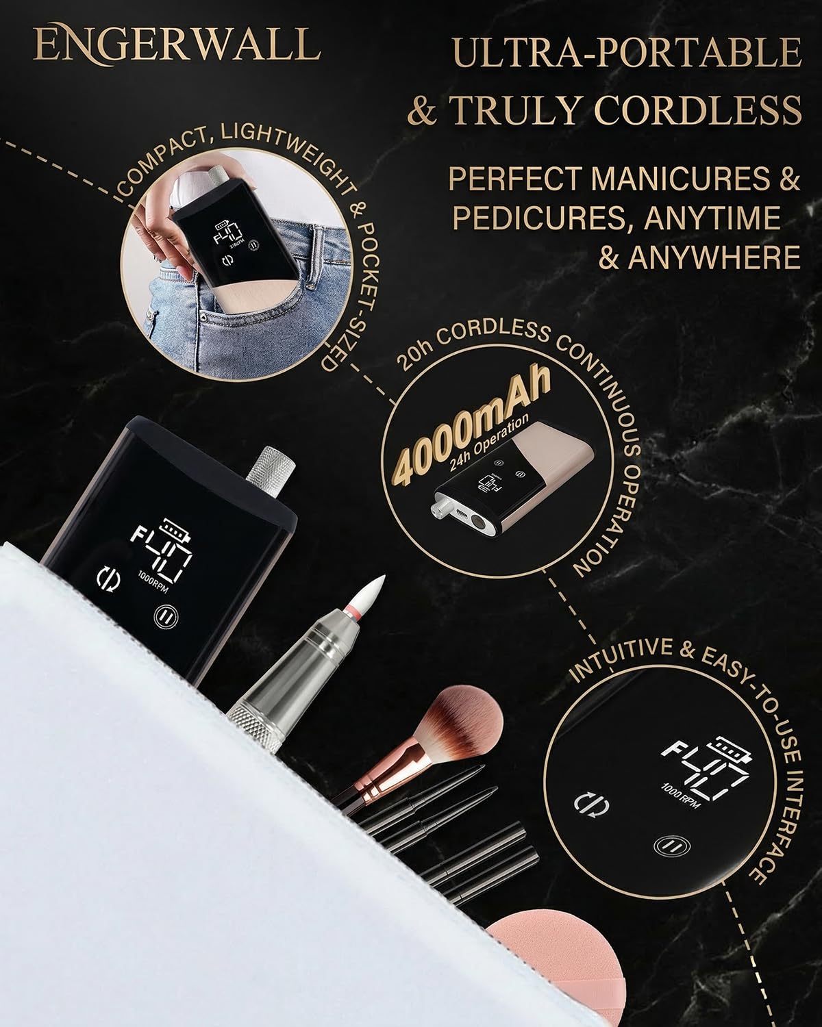 Elektrische Nagelfeile mit Bürstenlosem Motor, 40000 U/min | Bürstenlosem Motor, 40000 U/min, bis zu 20+h Akku, Kabellose, LCD-Touch-Display, Aluminiumlegierung, Gebürstetes Roségold