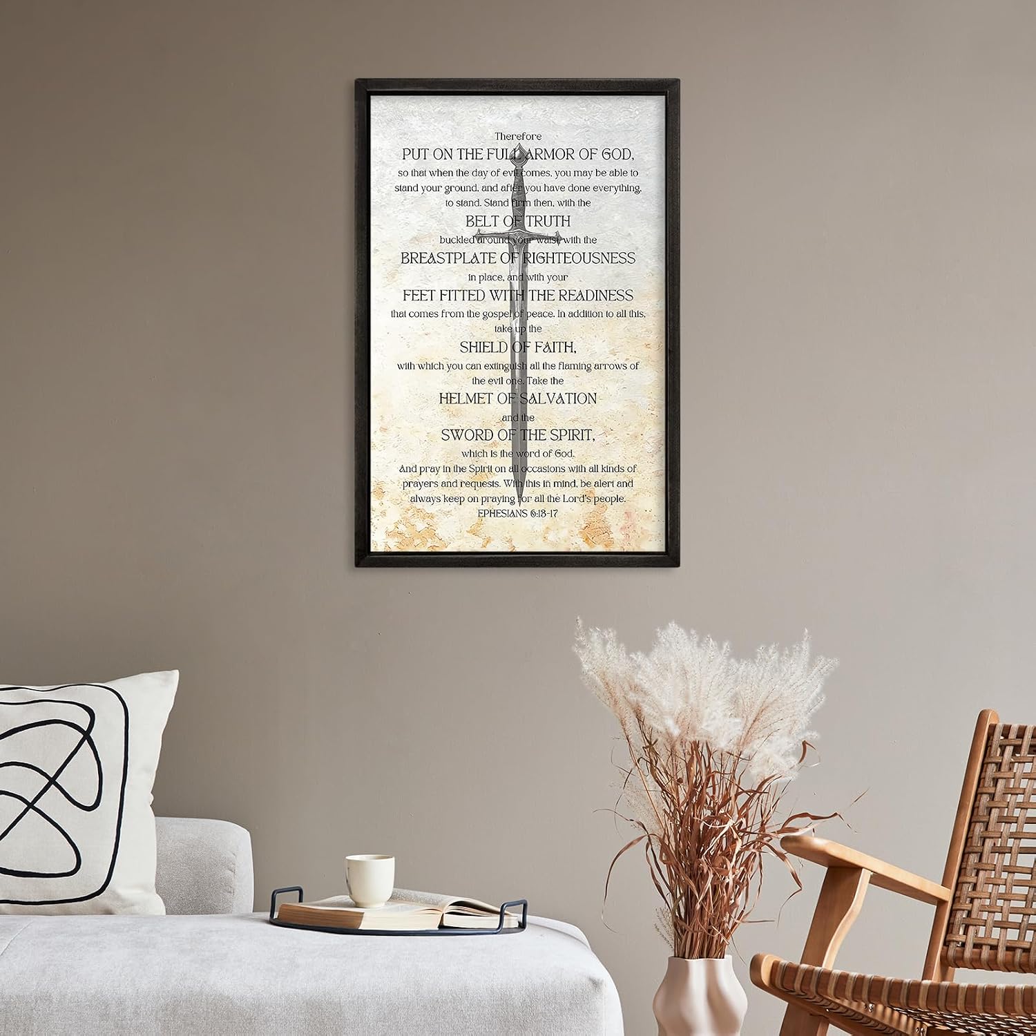 YWMZYKJGS Armor of God Wall Art Christian Bible Verse Sign 16"×11" Ephesians 6:13-17 Scripture Religious Quotes for Church Prayer Room Modern Wood Framed Hanging Decor (Black)