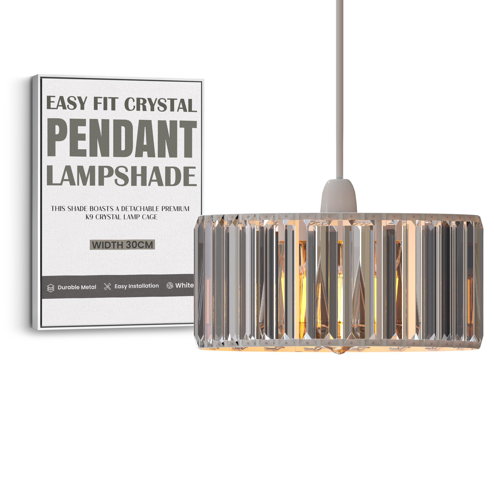 Modern Light Shade with Clear Acrylic Crystals 30cm x 15cm, Lampshades for Ceiling Lights, Reducer Rings Pendant Light Shade, Lamp Shades for Bedroom, Living Room, Kitchen, Hallway
