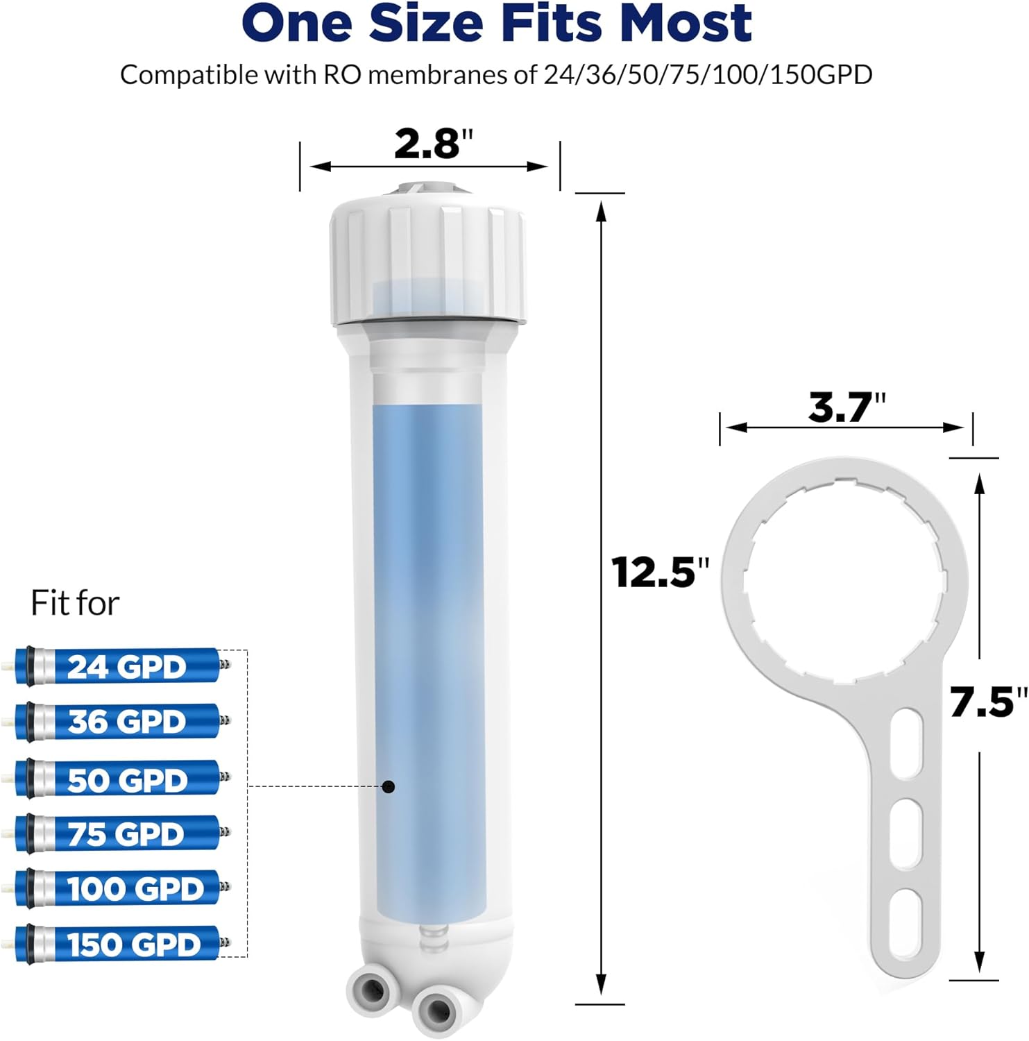 Membrane Solutions 1812/2012 24-150 GPD RO Housing Kit, Reverse Osmosis Membrane Filter Housing Replacement with Elbow Fittings, Housing Wrench, Check Valve